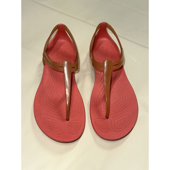Crocs Isabella Sandals Pink/Orange Jelly T Strap Strappy Slip On Flats Women 6 - Picture 6 of 8